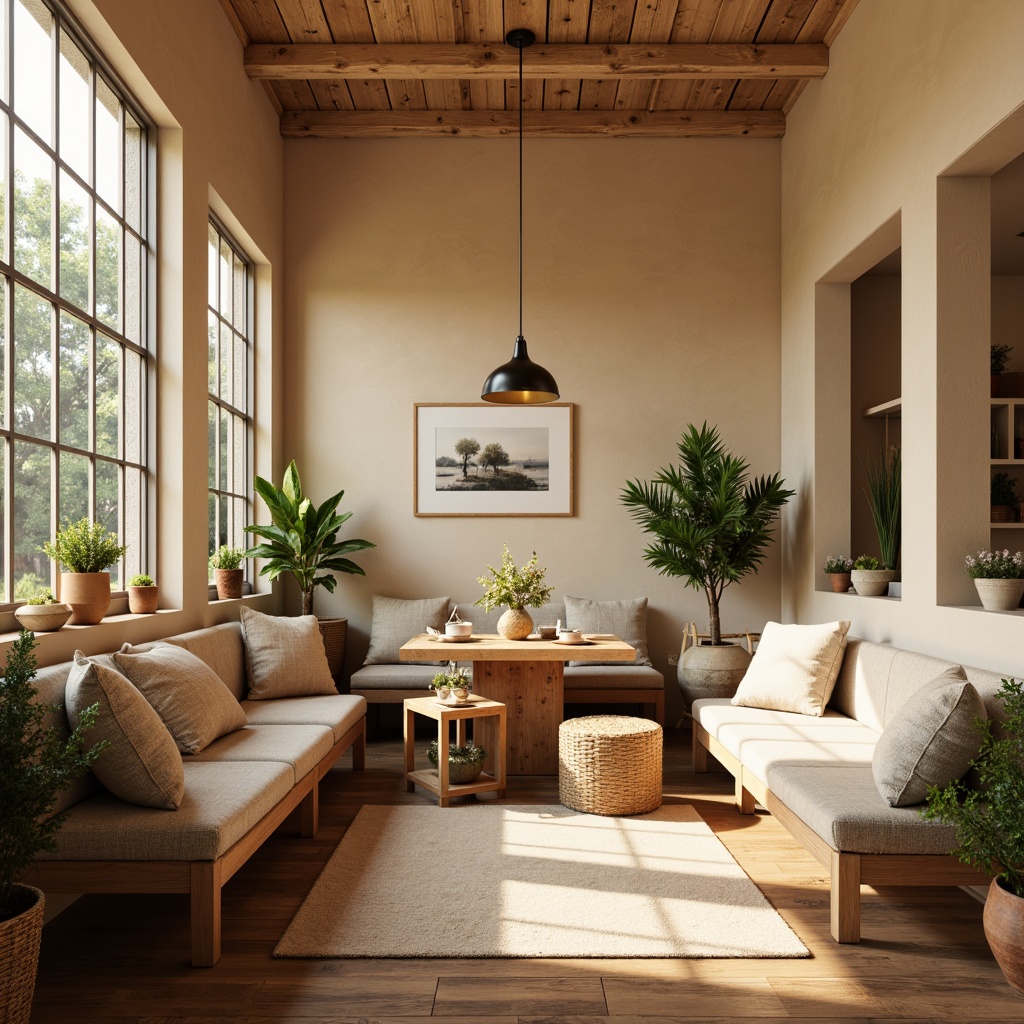 Prompt: Cozy breakfast nook, warm beige walls, wooden floors, modern minimalist furniture, curved lines, soft cushions, natural textiles, earthy tones, pendant lighting, greenery plants, rustic wooden tables, comfortable seating, woven baskets, decorative vases, sunny morning light, shallow depth of field, 1/1 composition, realistic wood textures, ambient occlusion.