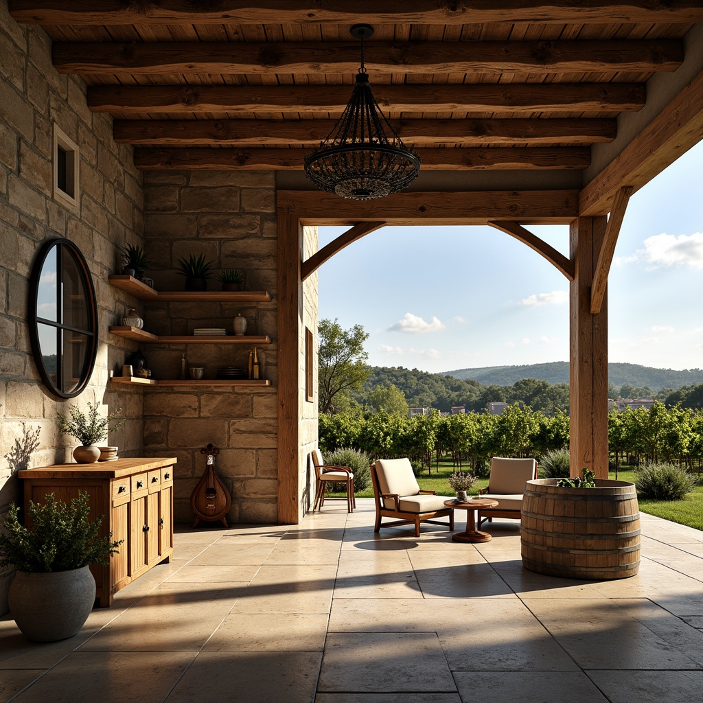 Prompt: Rustic winery building, wooden accents, stone walls, earthy tones, natural textures, distressed wood beams, vintage metalware, ornate ironwork, lush greenery, vineyard surroundings, rolling hills, sunny afternoon, warm soft lighting, shallow depth of field, 3/4 composition, realistic renderings, ambient occlusion.