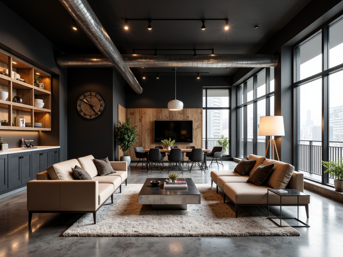 Prompt: Modern living room, sleek lines, minimal ornamentation, polished concrete floors, matte black walls, warm wooden accents, textured rugs, plush sofas, metallic coffee tables, floor-to-ceiling windows, natural light, urban views, industrial chic, exposed ductwork, reclaimed wood shelves, geometric patterns, bold color schemes, ambient lighting, 1/1 composition, shallow depth of field, realistic textures.