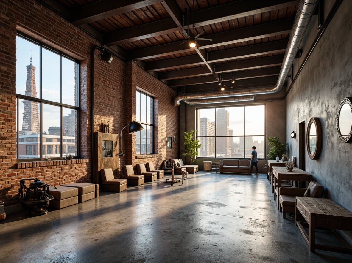 Prompt: Exposed brick walls, industrial metal beams, reclaimed wooden floors, vintage machinery parts, distressed concrete textures, urban cityscape views, functional pipes and ducts, minimalist lighting fixtures, metallic color palette, raw unfinished aesthetic, open floor plan layout, modern warehouse conversion, eclectic decorative accents, urban loft atmosphere, natural light pouring in through large windows, shallow depth of field, 1/1 composition, realistic metal reflections.