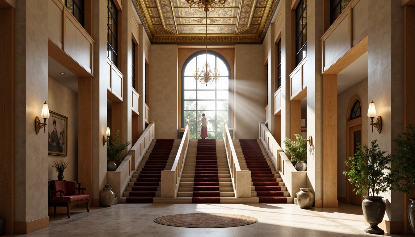 Prompt: Majestic museum interior, grand staircase, ornate chandeliers, rich wood paneling, subtle beige walls, dramatic spotlights, elegant marble floors, sophisticated neutral tones, refined dark accents, luxurious velvet textures, stately columns, opulent gold leaf details, serene natural light, softbox lighting, 1/2 composition, harmonious color balance, realistic material renderings.