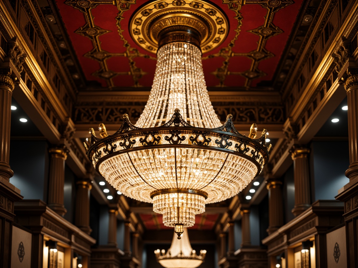 Prompt: Opulent chandelier, crystal droplets, metallic accents, ornate fixtures, geometric patterns, luxurious materials, polished chrome, velvet textures, sophisticated ambiance, warm golden lighting, dramatic shadows, high ceilings, lavish decorations, art deco inspirations, glamorous 1920s flair, intricate metalwork, beveled glass, elegant curves, refined details, ornamental motifs, majestic presence.