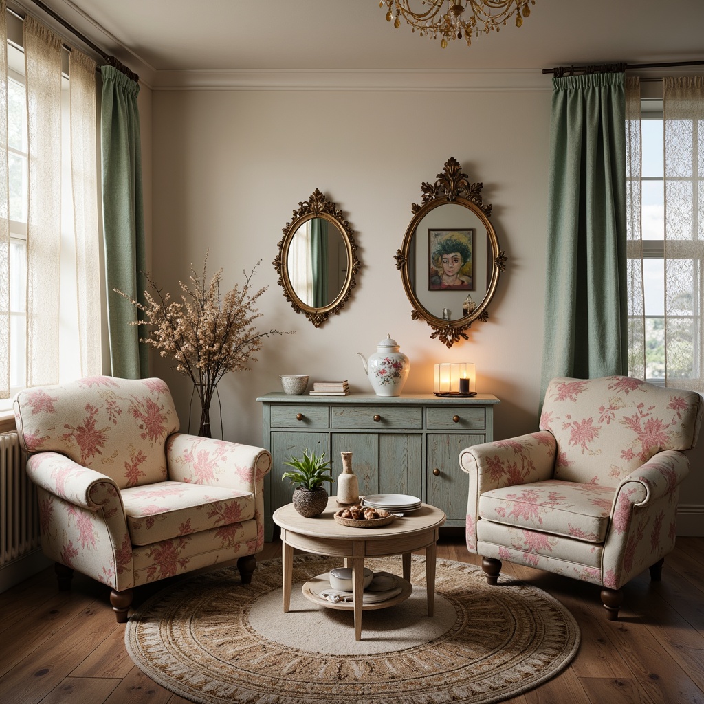 Prompt: Distressed vintage furniture, soft pastel colors, lace curtains, floral patterns, ornate mirrors, rustic wooden floors, plush area rugs, antique decorative items, delicate porcelain vases, distressed finishes, feminine accents, romantic ambiance, warm candlelight, 1/1 composition, intimate atmosphere, shallow depth of field, realistic textures.