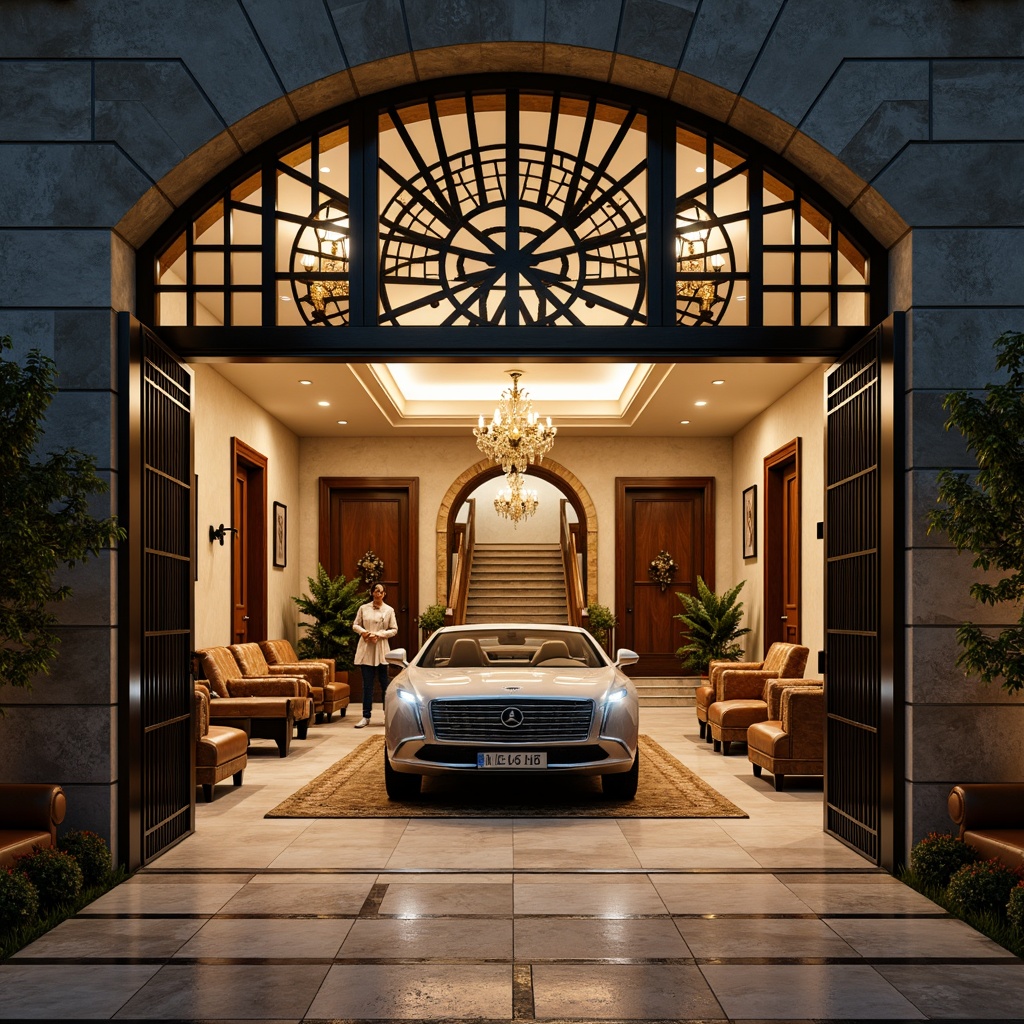 Prompt: Art Deco family garage, ornate metal gates, symmetrical facade, geometric patterns, luxurious cars, polished marble floors, metallic accents, lavish chandeliers, opulent furnishings, vintage car collections, distressed leather armchairs, rich wood paneling, grand staircases, elegant archways, soft golden lighting, 1/2 composition, dramatic shadows, high-contrast textures, atmospheric mist.