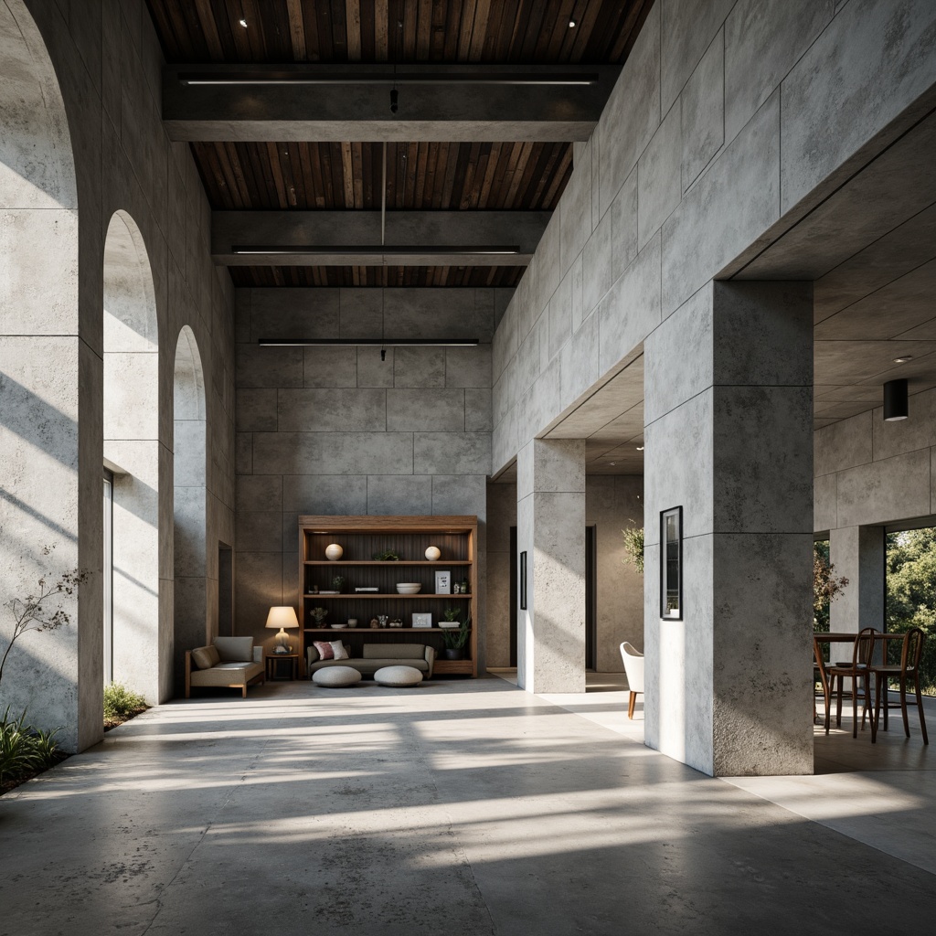 Prompt: Exposed concrete walls, raw industrial textures, brutalist architectural elements, open-plan layout, minimalist decor, functional spaces, industrial-style lighting fixtures, steel beams, reclaimed wood accents, urban loft atmosphere, high ceilings, polished concrete floors, geometric patterns, monochromatic color scheme, dramatic shadows, low-angle photography, cinematic mood, 1/1 composition, high-contrast lighting.