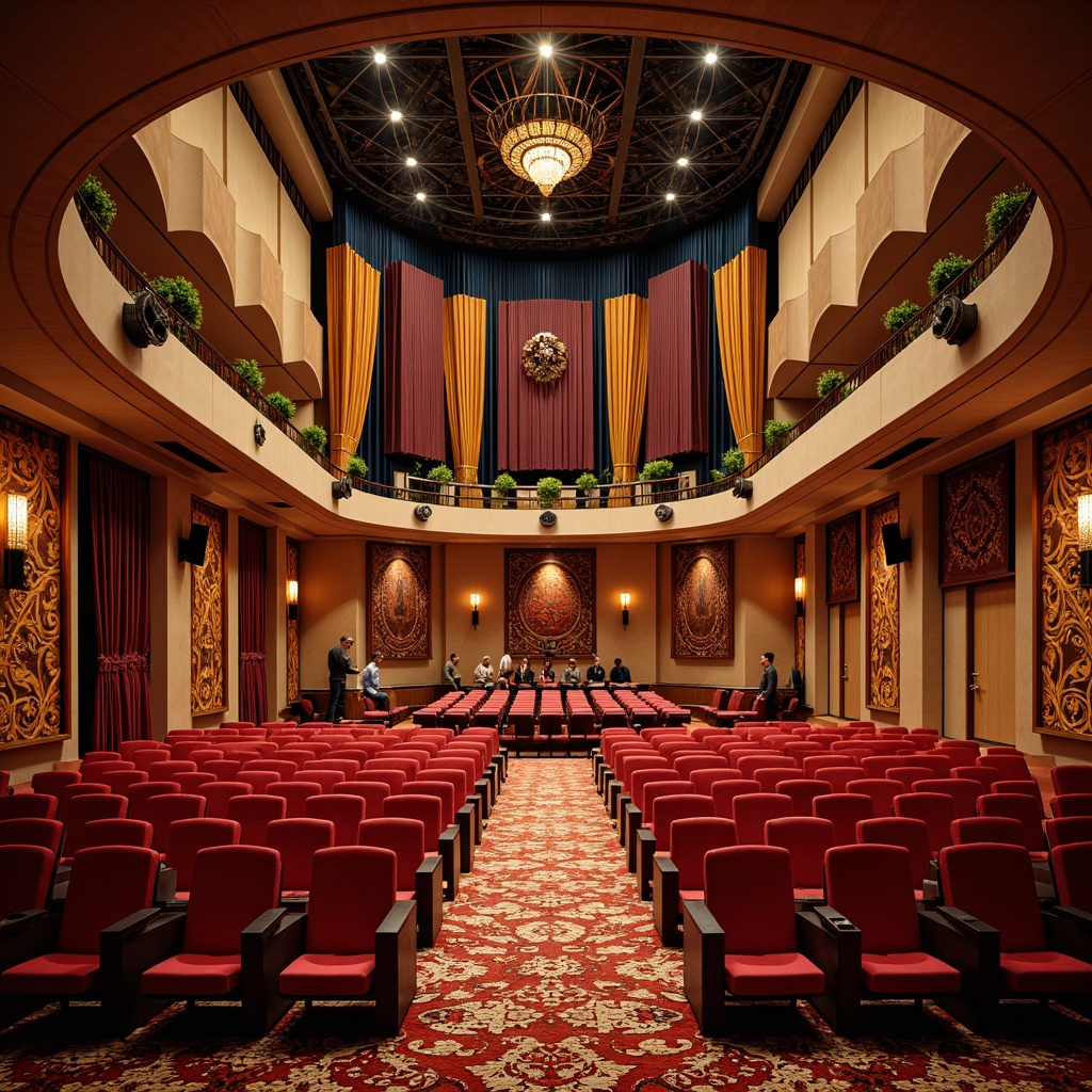 Prompt: Luxurious auditorium interior, plush velvet seats, richly patterned carpets, intricate woven tapestries, acoustic soundproofing materials, vibrant colorful drapes, ornate golden fixtures, grandiose chandeliers, sophisticated lighting systems, subtle ambient glow, 3/4 composition, symmetrical layout, dynamic architecture, futuristic curves, modern minimalism, sleek metallic accents, bold geometric shapes, atmospheric misting systems, warm inviting ambiance, realistic textures, ambient occlusion.