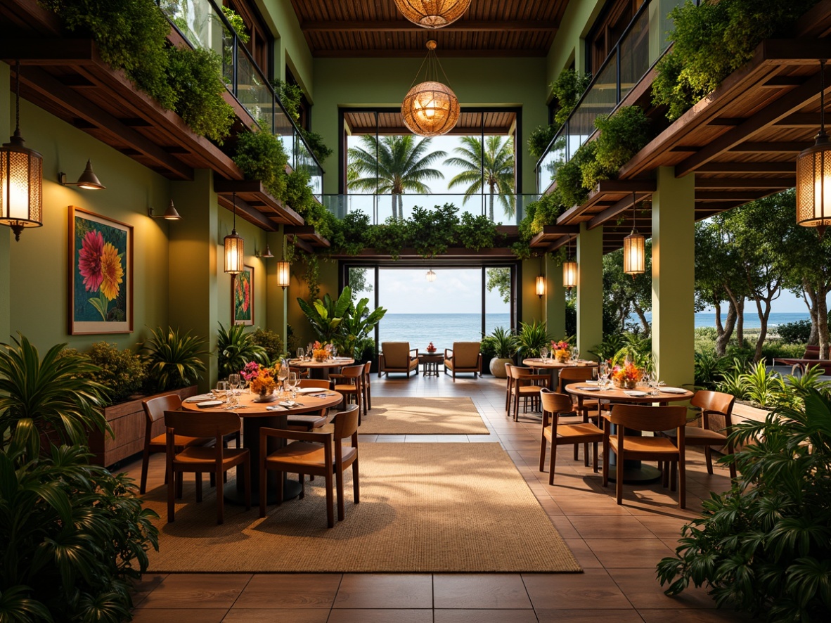 Prompt: Vibrant tropical dining hall, lush green walls, exotic plants, warm wooden furniture, natural fiber rugs, colorful tiki torches, pendant lamps with rattan shades, soft diffused lighting, warm white LED lights, lantern-style ceiling fixtures, rustic metal chandeliers, cozy ambient glow, dramatic high ceiling, large windows with ocean views, sunny daytime atmosphere, subtle warm color palette, 1/1 composition, shallow depth of field, realistic textures.