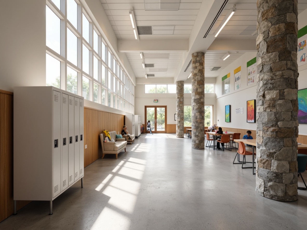 Prompt: Clean minimalistic high school hallway, smooth concrete floors, plain white walls, subtle wood accents, modern minimalist lockers, sleek metal railings, natural light pouring through large windows, soft warm glow, shallow depth of field, 3/4 composition, realistic textures, ambient occlusion, contrasting rough stone columns, bold colorful murals, vibrant student artwork displays, eclectic mix of wooden and plastic chairs, subtle gradient patterns on walls, futuristic LED lighting, calm atmosphere, morning sunlight.