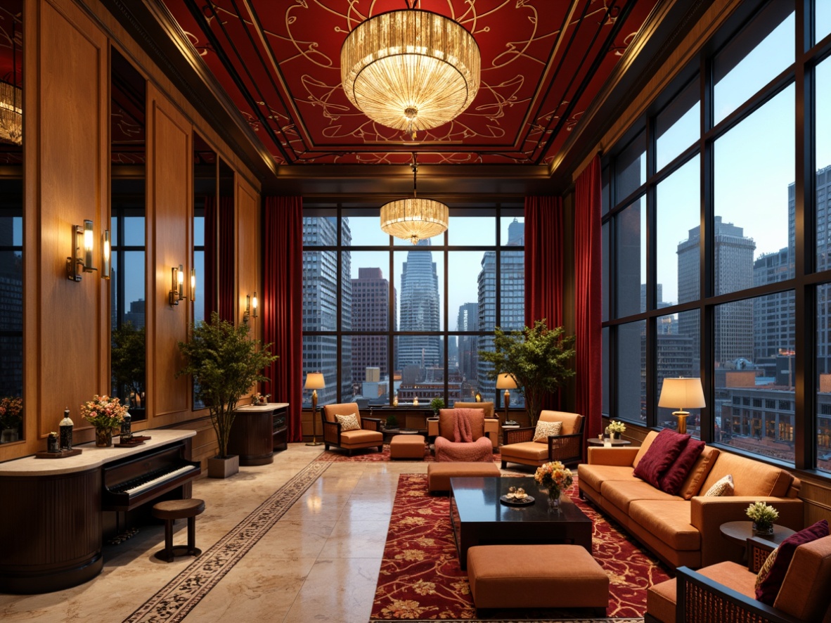 Prompt: Luxurious great room, Art Deco style, rich velvet fabrics, ornate metal accents, geometric patterns, bold color schemes, statement lighting fixtures, lavish furnishings, opulent textiles, intricate marble inlays, grand piano, floor-to-ceiling windows, urban city views, sophisticated ambiance, warm golden lighting, 1/2 composition, shallow depth of field, realistic reflections.