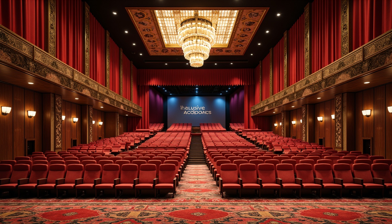 Prompt: Luxurious auditorium interior, plush velvet seats, richly patterned carpets, vibrant colorful textiles, intricate geometric motifs, ornate wooden panels, grand chandeliers, soft warm lighting, shallow depth of field, 3/4 composition, realistic textures, ambient occlusion, spacious high ceiling, elegant drapery, sophisticated sound systems, comfortable seating arrangements, dramatic stage lighting, versatile performance spaces.