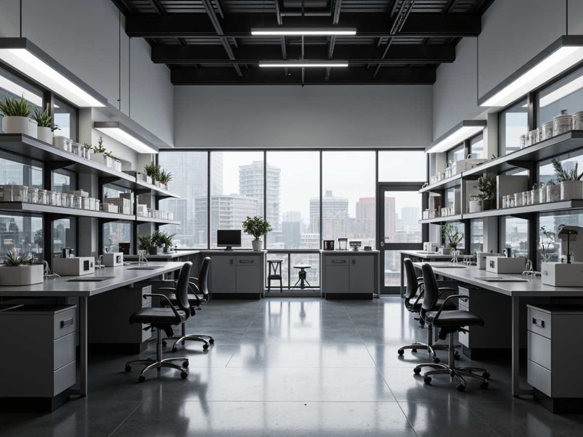 Prompt: Monochromatic laboratory interior, minimalist decor, sleek metal tables, ergonomic stools, adjustable LED lighting, softbox diffusers, precision instruments, glassware shelves, sterile workbenches, stainless steel countertops, industrial-style flooring, subtle ambient glow, low-key color palette, 1/1 composition, high-contrast ratio, realistic reflections, subtle lens flares.