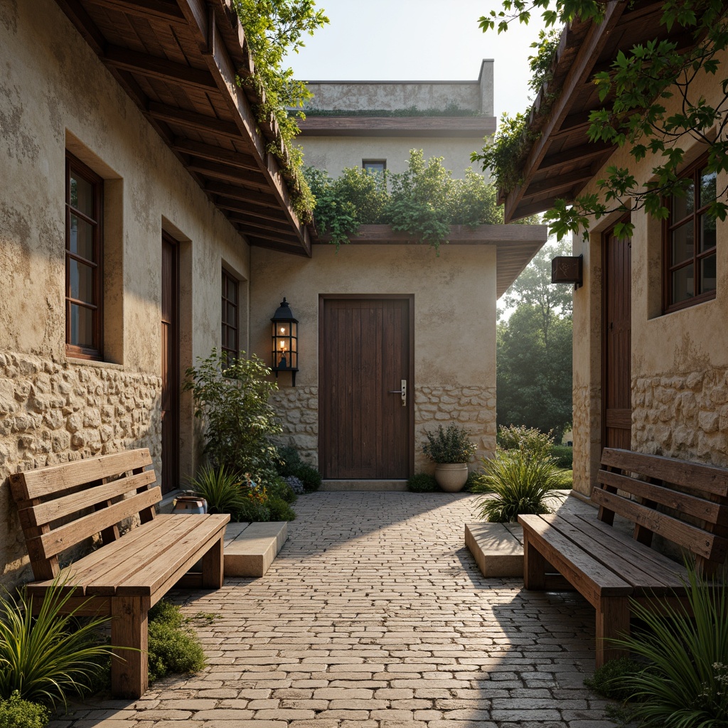 Prompt: Weathered stone walls, rusty metal accents, earthy tone brickwork, moss-covered roofs, natural wooden benches, vintage lanterns, soft candlelight, warm beige stonework, distressed wood textures, faded floral patterns, muted greenery, serene atmosphere, gentle morning light, shallow depth of field, 1/1 composition, realistic renderings, ambient occlusion.