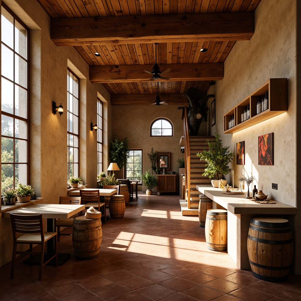 Prompt: Earthy winery interior, warm beige walls, rustic wooden accents, terracotta flooring, vintage wine barrels, rich burgundy reds, golden honey tones, soft cream whites, natural stone countertops, reclaimed wood furniture, industrial metal lighting, earthy scent, cozy ambiance, warm afternoon sunlight, shallow depth of field, 2/3 composition, realistic textures, ambient occlusion.