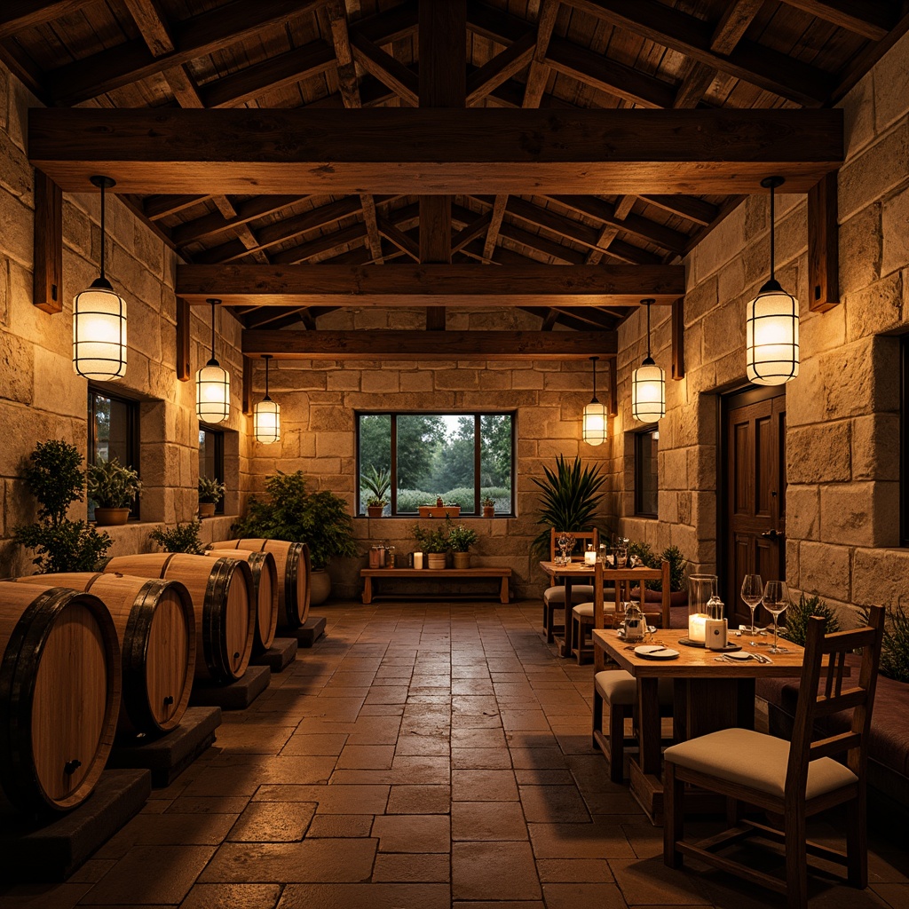 Prompt: Rustic winery, vineyard surroundings, wooden barrels, wine-making equipment, earthy tones, warm ambient lighting, soft glowing lanterns, pendant lamps, metal chandeliers, exposed brick walls, stone flooring, wooden beams, cozy nooks, intimate seating areas, natural textures, warm color palette, golden hour lighting, dramatic shadows, low-key illumination, 1/1 composition, realistic reflections, atmospheric rendering.