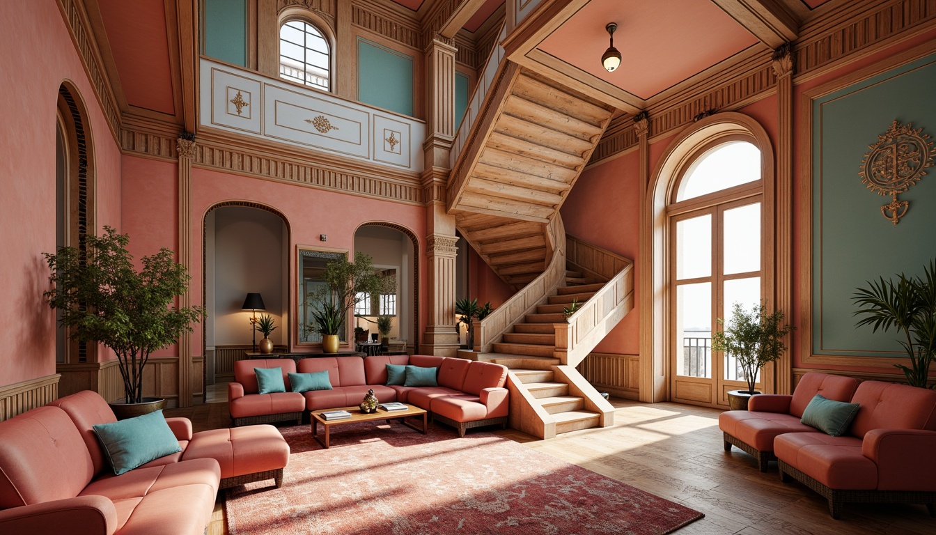 Prompt: Vibrant coral hues, soft peach tones, creamy whites, rich turquoise accents, industrial metallic textures, distressed brick walls, ornate neoclassical details, grandiose archways, sweeping staircases, intricate moldings, luxurious velvet fabrics, polished bronze fixtures, warm golden lighting, dramatic shadows, cinematic composition, atmospheric perspective, detailed realistic render.