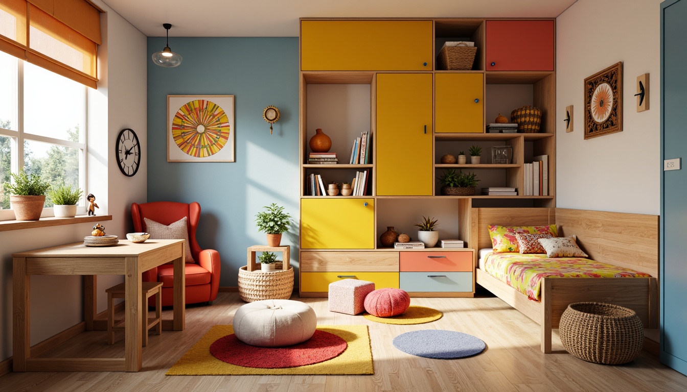 Prompt: Vibrant kids' room, playful Bauhaus style furniture, bold primary colors, geometric shapes, minimalist decor, functional storage units, wooden floors, natural textiles, cozy reading nooks, whimsical wall art, eclectic lighting fixtures, modular shelving systems, adjustable desks, ergonomic chairs, colorful rugs, lively patterned bedding, plenty of natural light, soft warm glow, shallow depth of field, 1/2 composition, realistic textures, ambient occlusion.