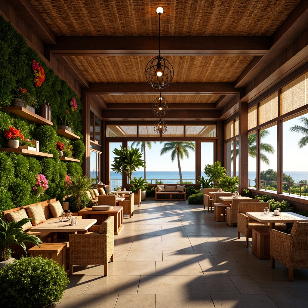 Prompt: Vibrant tropical dining hall, lush greenery walls, exotic flower arrangements, warm wood accents, rattan furniture, colorful tiki torches, soft warm lighting, pendant lanterns, natural fiber shades, woven bamboo ceiling, large glass windows, ocean views, sunny day, shallow depth of field, 1/2 composition, realistic textures, ambient occlusion, warm color palette.