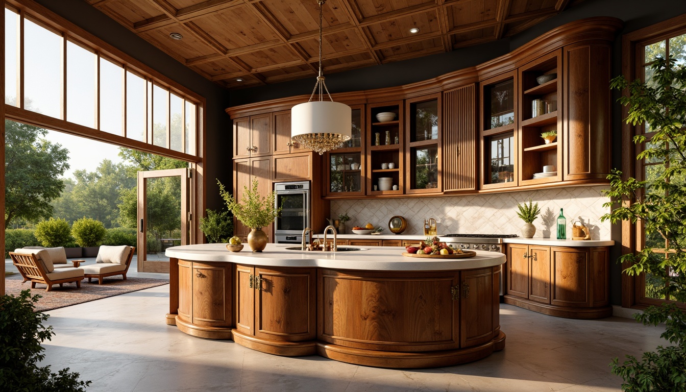 Prompt: Elegant kitchen island, curved lines, ornate metalwork, flowing organic shapes, warm golden lighting, rich wood tones, luxurious marble countertops, intricate ceramic tile backsplashes, decorative cabinetry, antique brass hardware, natural stone flooring, vibrant colorful glassware, lush greenery, soft morning light, shallow depth of field, 1/1 composition, realistic textures, ambient occlusion.