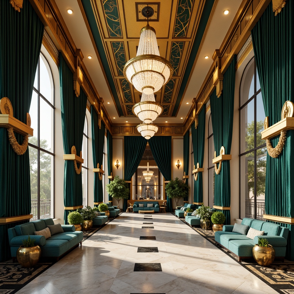 Prompt: Opulent Art Deco interior, lavish golden accents, rich jewel-toned colors, velvety dark blues, emerald greens, luxurious creamy whites, metallic silvers, ornate geometric patterns, glamorous metallic fabrics, sophisticated marble flooring, lavish crystal chandeliers, dramatic floor-to-ceiling curtains, warm soft lighting, shallow depth of field, 1/2 composition, realistic textures, ambient occlusion.