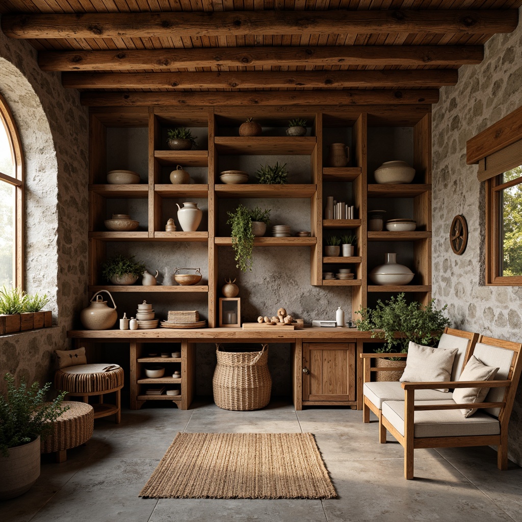 Prompt: Rustic wooden accents, earthy color palette, natural stone walls, traditional craftsmanship, vintage furniture pieces, woven textiles, handmade ceramics, artisanal metalwork, distressed finishes, cozy ambiance, warm lighting, shallow depth of field, 1/1 composition, intimate scale, nostalgic atmosphere, cultural heritage inspiration.