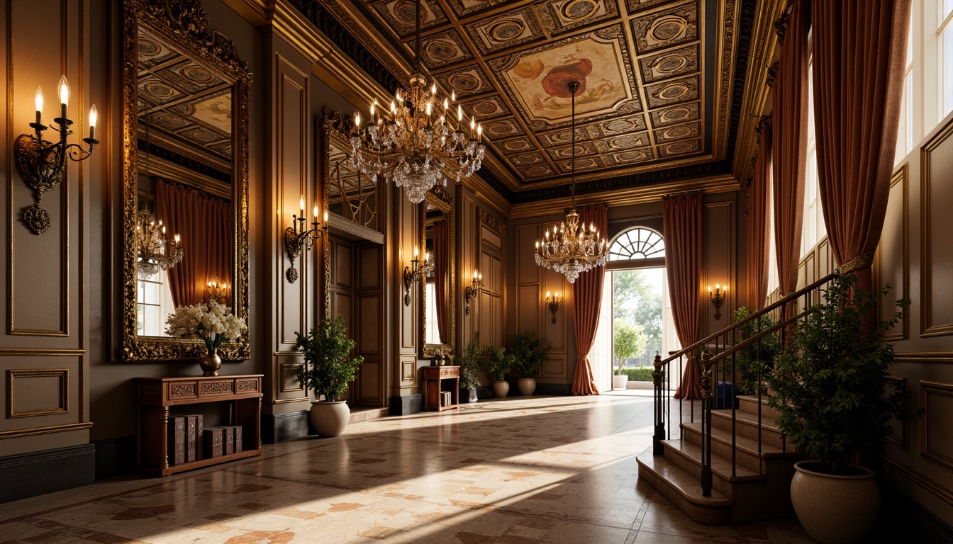 Prompt: Intricate fresco ceilings, ornate golden moldings, lavish crystal chandeliers, rich velvet drapes, intricately carved wooden panels, gilded mirrors, opulent marble floors, grandiose archways, sweeping staircases, dramatic shadow lighting, warm candlelit ambiance, 1/2 composition, low-angle shot, realistic textures, ambient occlusion.