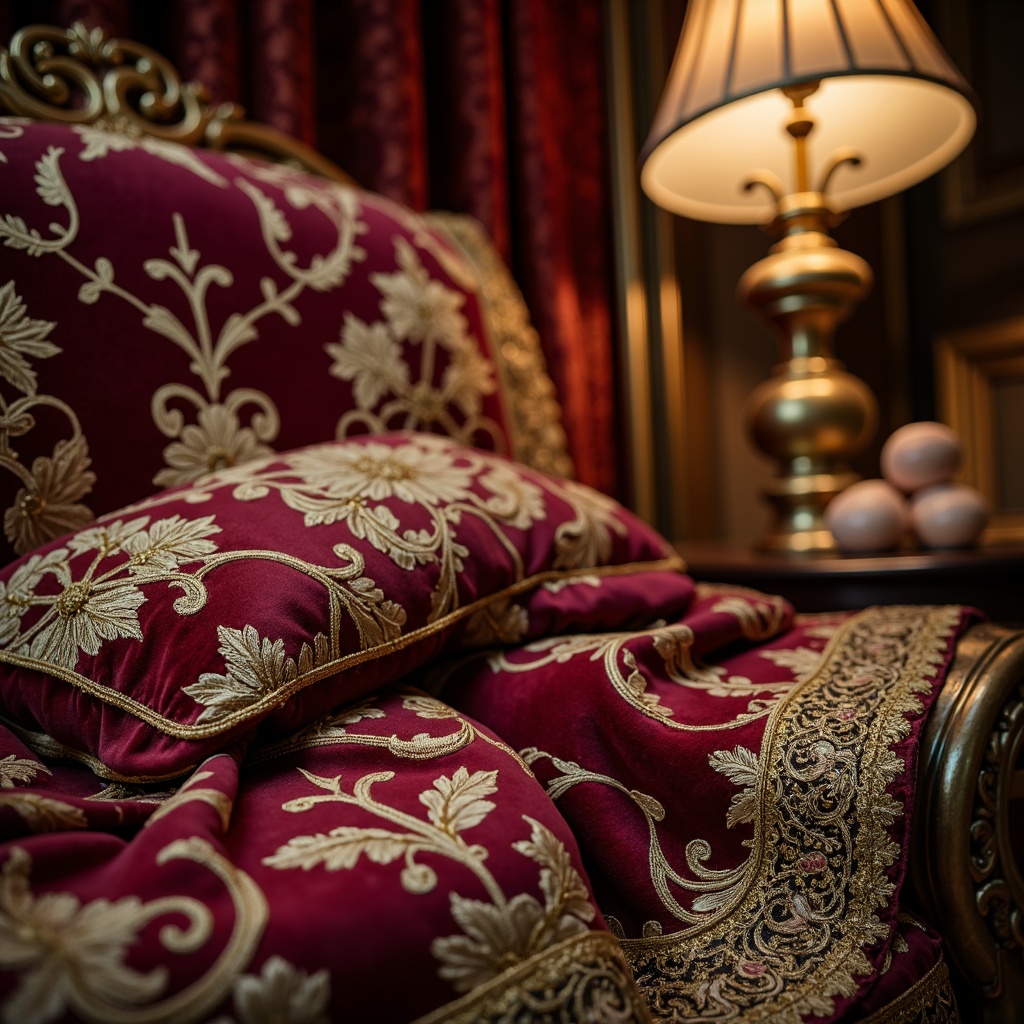 Prompt: Opulent velvet fabrics, intricate gold embroidery, delicate lace trimmings, soft silk drapes, luxurious satin upholstery, ornate Baroque patterns, rich jewel-toned colors, elaborate floral motifs, curved Rococo lines, whimsical shell-shaped accents, subtle sheen, warm candlelight, 1/2 composition, shallow depth of field, realistic textures.