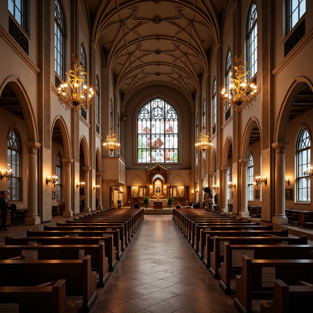 Prompt: Elegant church interior, grand high ceilings, ornate chandeliers, warm soft lighting, subtle color temperatures, dramatic accent lights, intricate stained glass windows, refined wooden pews, ornamental altarpieces, serene ambiance, peaceful atmosphere, gentle illumination, subtle shadows, 1/2 composition, symmetrical framing, realistic textures, ambient occlusion.