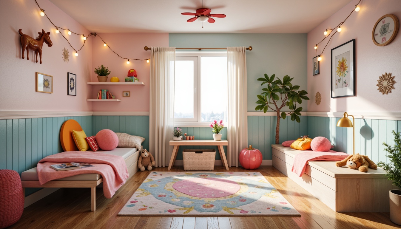 Prompt: Vibrant kids' bedroom, soft pastel colors, whimsical furniture, cozy reading nooks, task lamps, string lights, colorful rugs, playful wall decals, fun-shaped ceiling fixtures, warm white lighting, gentle glow, 1/2 composition, shallow depth of field, realistic textures, ambient occlusion.