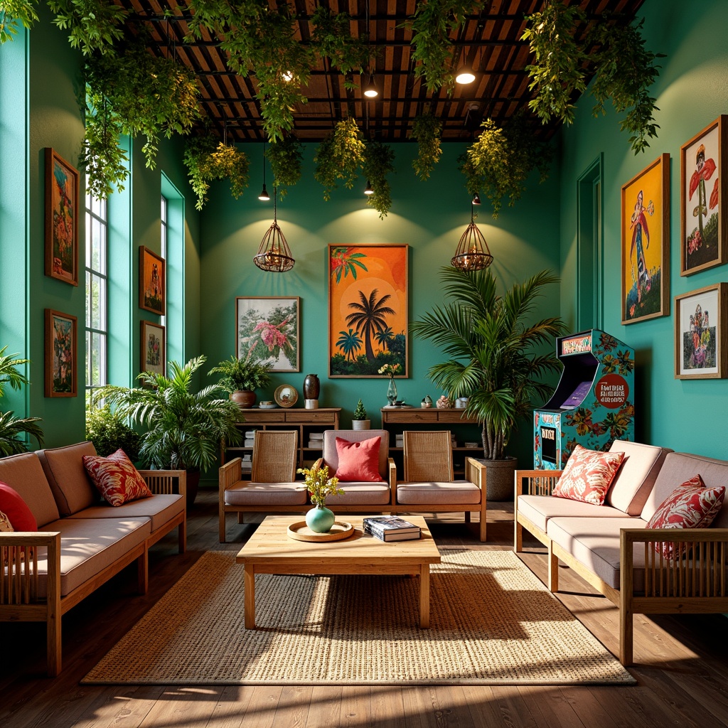 Prompt: Vibrant tropical game room, lush green walls, exotic palm trees, colorful floral patterns, wooden furniture, rattan chairs, woven baskets, natural fiber rugs, bamboo coffee tables, vibrant turquoise accents, neon lights, funky decorative lamps, abstract art pieces, retro arcade machines, classic console games, cozy reading nooks, plush throw pillows, tropical leaf-shaped decorations, warm sunny lighting, shallow depth of field, 3/4 composition, panoramic view, realistic textures, ambient occlusion.