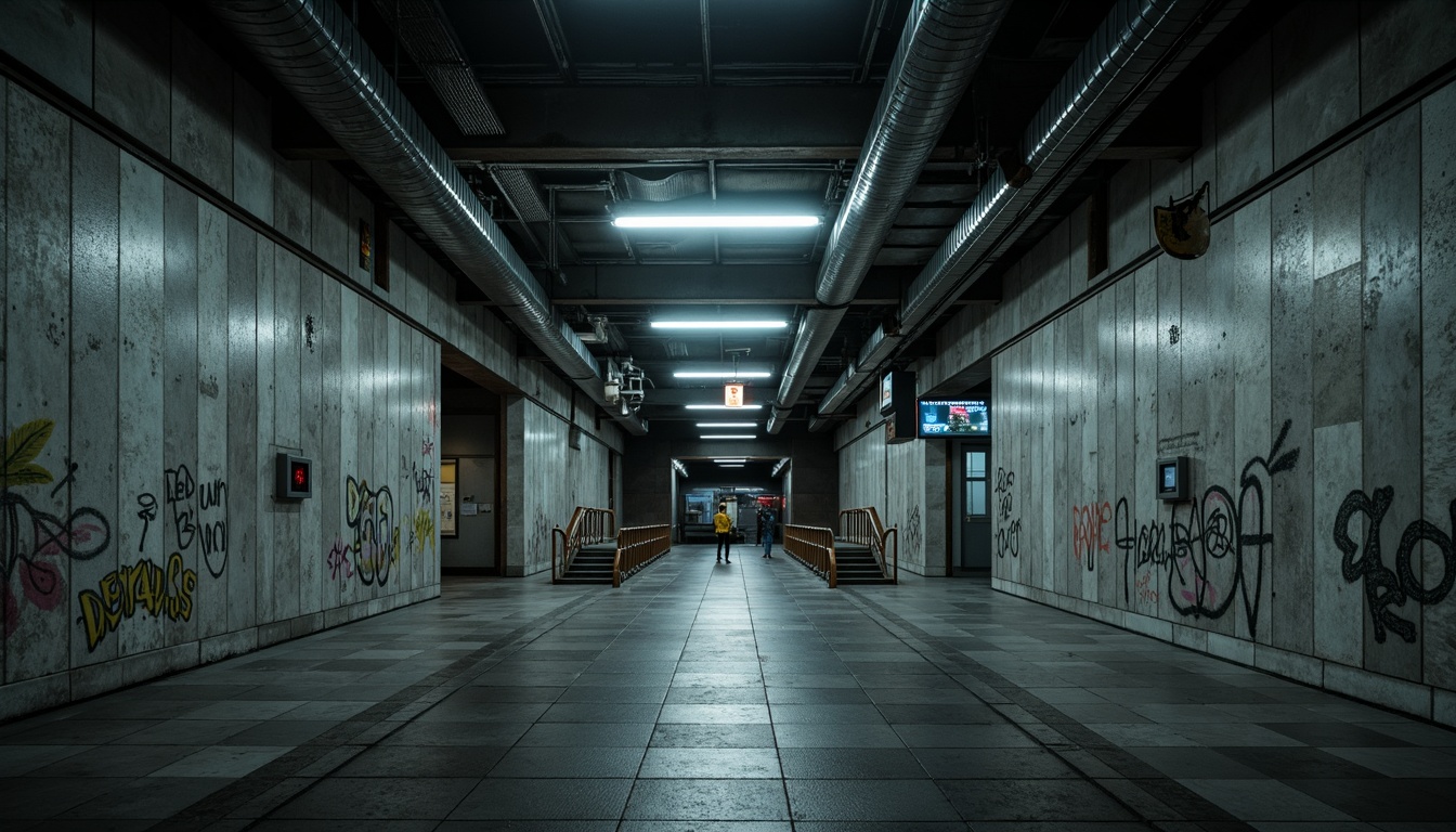 Prompt: \Underground metro station, brutalist architecture, raw concrete walls, industrial steel beams, exposed ductwork, minimalist lighting, cold harsh tones, monochromatic color scheme, dark grey stone floors, worn metal railings, functional signage, urban grittiness, moody atmospheric lighting, high contrast shadows, dramatic tunnel entrances, abstract graffiti art, distressed textures, gritty urban feel, cinematic composition, low-key color grading.\