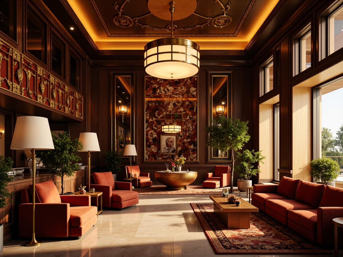 Prompt: Luxurious Art Deco interior, rich velvety fabrics, metallic accents, ornate geometric patterns, glamorous chandeliers, polished marble floors, opulent furnishings, lavish decorations, bold color schemes, sophisticated ambiance, warm golden lighting, soft focus blur, shallow depth of field, 1/2 composition, cinematic view, high-contrast rendering, detailed textures, ambient occlusion.