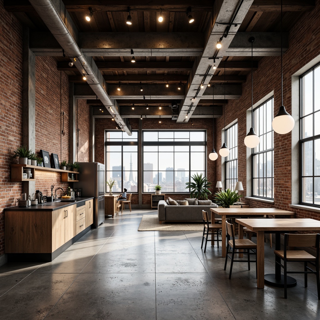 Prompt: Industrial loft interior, minimal decor, exposed brick walls, concrete floors, metal beams, reclaimed wood accents, modern light fixtures, track lighting systems, suspended pendant lamps, Edison bulb fixtures, warm white LED lighting, softbox lights, minimalist chandeliers, frosted glass shades, urban cityscape views, floor-to-ceiling windows, natural daylight, 1/1 composition, shallow depth of field, realistic textures, ambient occlusion.