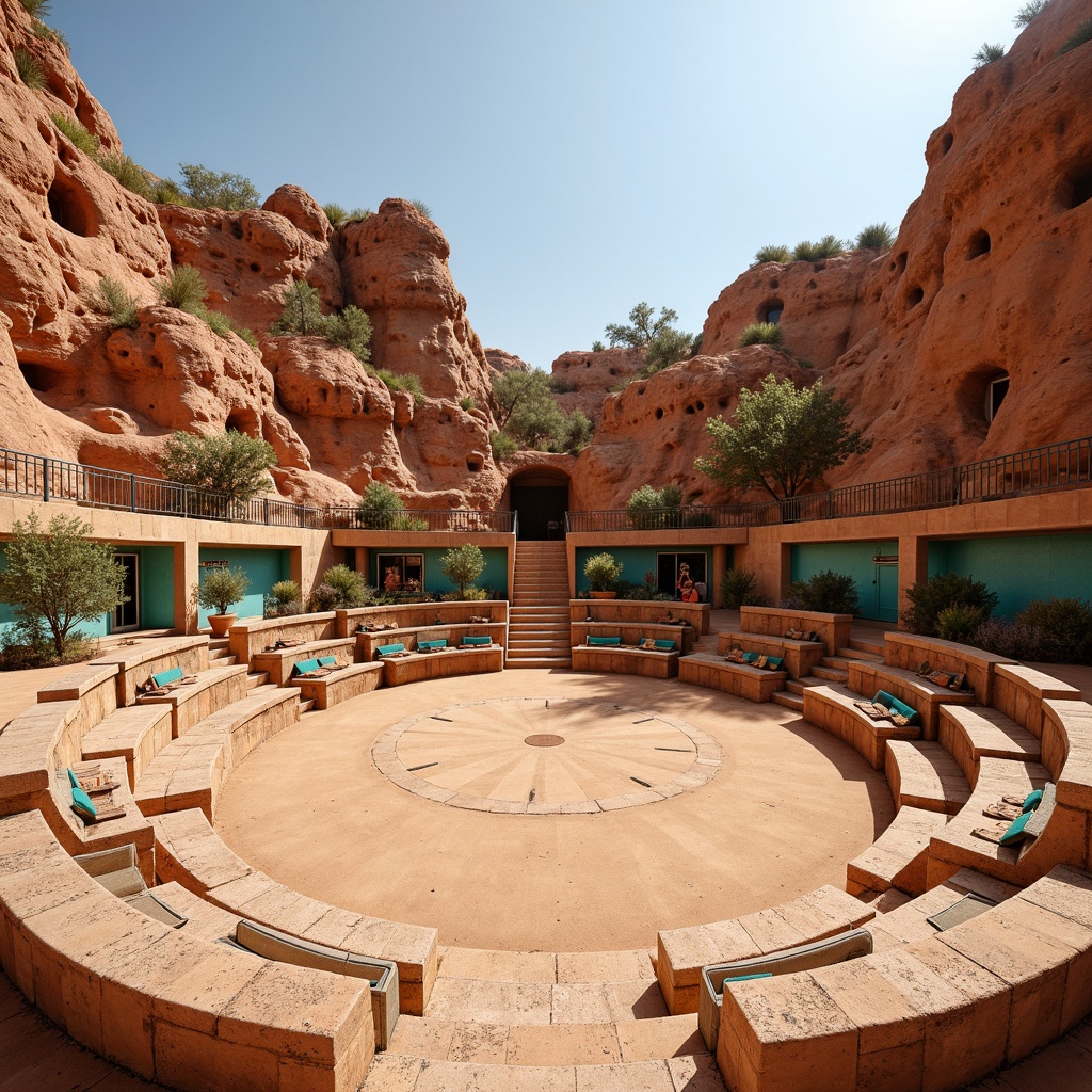 Prompt: Warm sandy amphitheater, rugged southwestern landscape, terracotta pottery-inspired earthy tones, turquoise accents, vibrant Native American patterns, natural stone seating areas, weathered wooden benches, rustic metal railings, warm sunny day, soft diffused lighting, shallow depth of field, 3/4 composition, panoramic view, realistic textures, ambient occlusion.