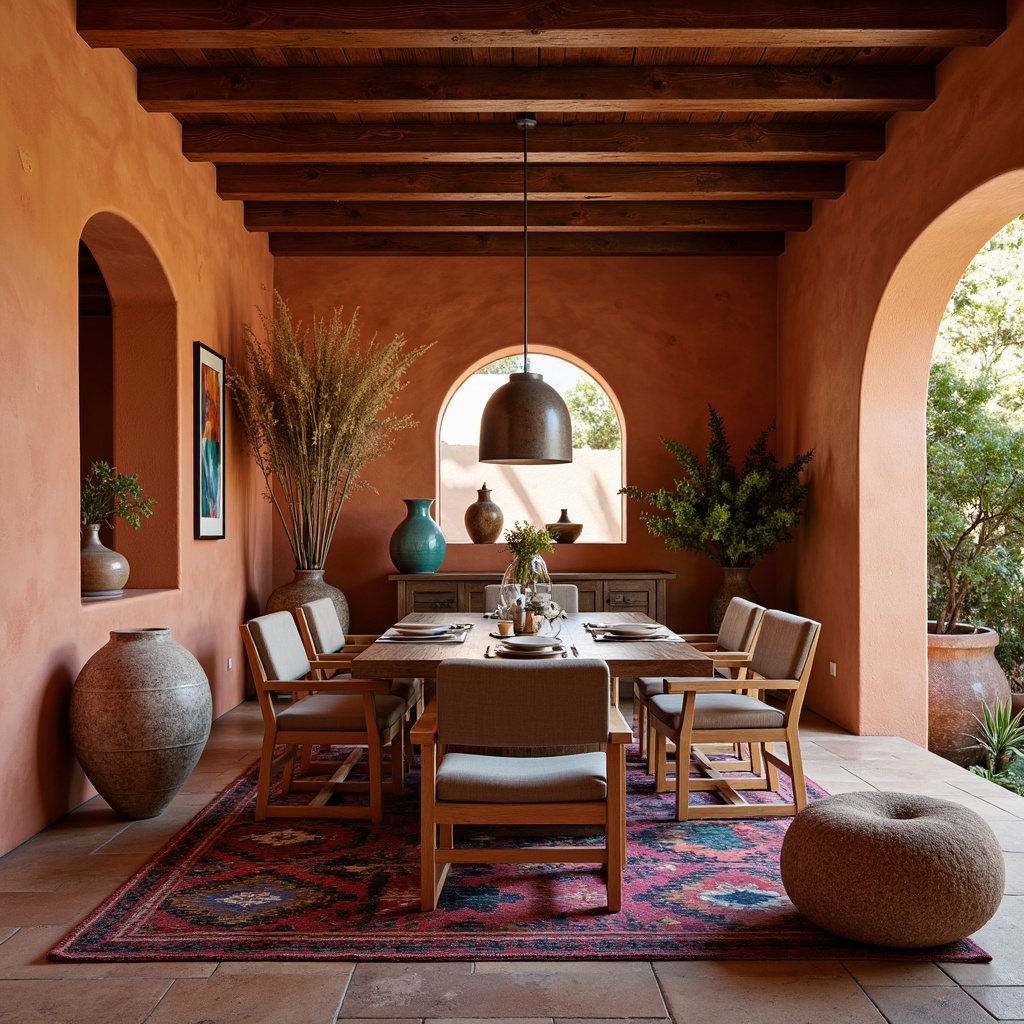 Prompt: Earthy southwestern dining room, warm terracotta walls, rustic wooden beams, reclaimed wood flooring, vibrant Navajo-inspired patterns, colorful woven textiles, plush velvet upholstery, natural stone accents, geometric-shaped pottery, turquoise decorative accessories, warm candle lighting, cozy throw blankets, intimate seating arrangements, shallow depth of field, 1/1 composition, soft warm color palette, realistic textures, ambient occlusion.