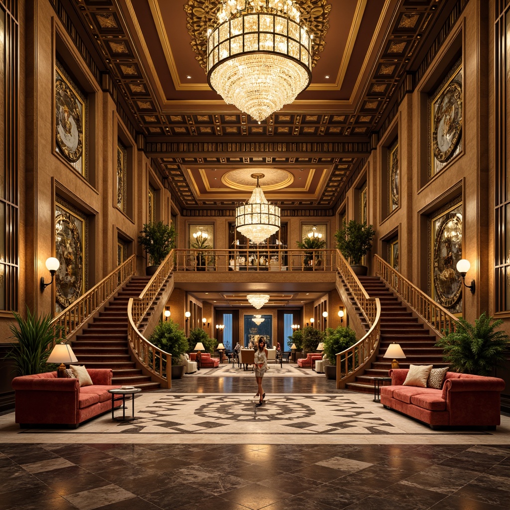 Prompt: Luxurious great room, ornate details, Art Deco style, lavish chandeliers, geometric patterns, metallic accents, luxurious fabrics, velvet sofas, marble floors, grand staircases, intricate moldings, gilded frames, ornate mirrors, sunburst motifs, stylized florals, chevron patterns, bold color schemes, opulent textures, warm golden lighting, shallow depth of field, 1/1 composition, symmetrical view, realistic reflections.