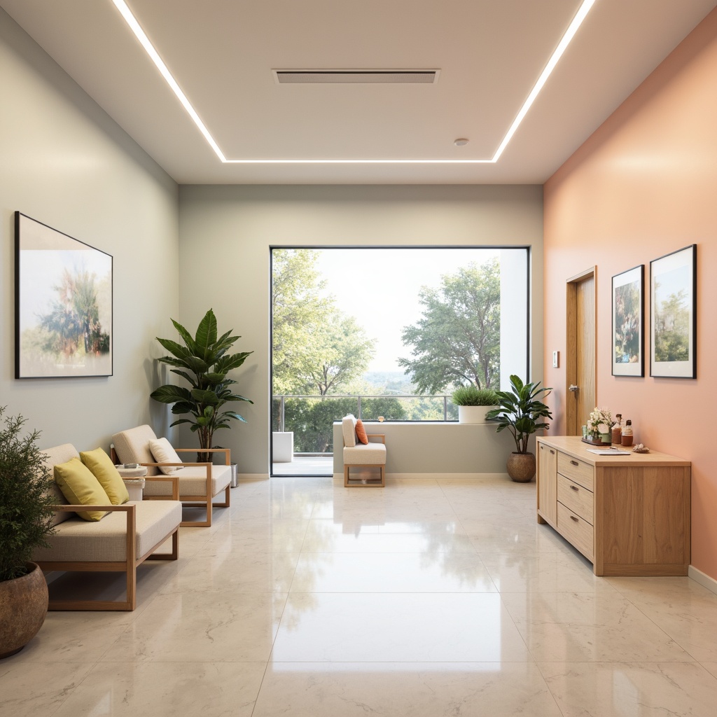 Prompt: Calming clinic interior, soothing color palette, pastel shades, soft peach tones, creamy whites, muted blues, gentle greens, warm beige accents, natural wood textures, minimalist furniture, clean lines, sterile surfaces, softbox lighting, 1/1 composition, shallow depth of field, realistic reflections, ambient occlusion.