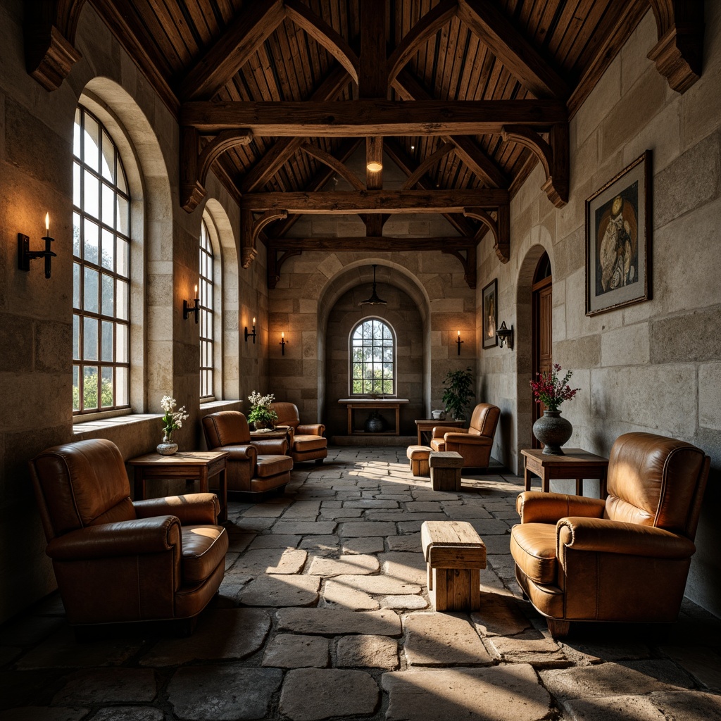 Prompt: Monastic chambers, rustic wooden furniture, distressed leather armchairs, ornate metal lanterns, candlelit atmosphere, sacred relics, stone floors, vaulted ceilings, stained glass windows, gothic arches, mysterious shadows, soft warm lighting, 1/2 composition, intimate scale, rich textures, ambient occlusion.