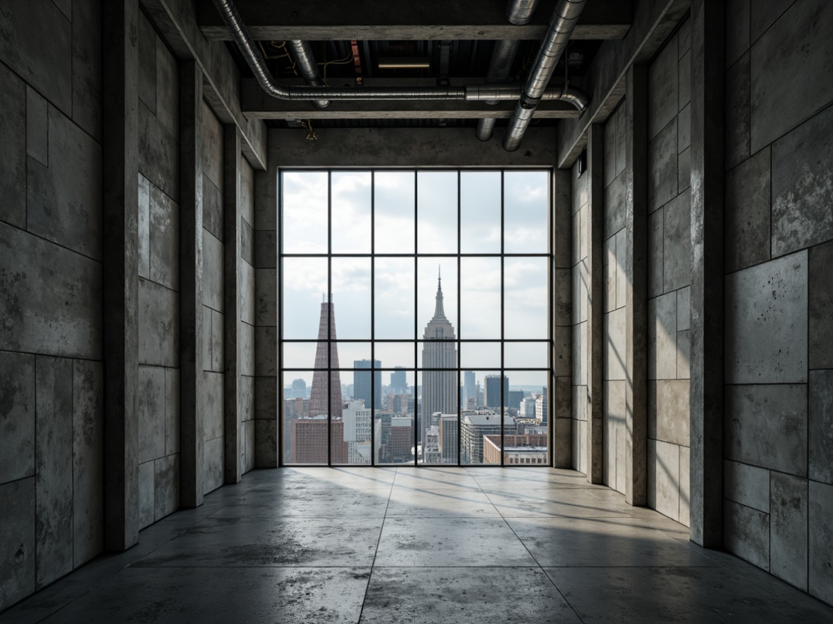 Prompt: Raw concrete walls, exposed ductwork, industrial metal frames, massive glass windows, brutalist architectural style, fortress-like structure, dramatic natural light, moody shadows, minimalist interior design, functional simplicity, cold tone color palette, rugged textures, urban cityscape view, overcast sky, diffused softbox lighting, 1/2 composition, symmetrical balance, high contrast ratio.