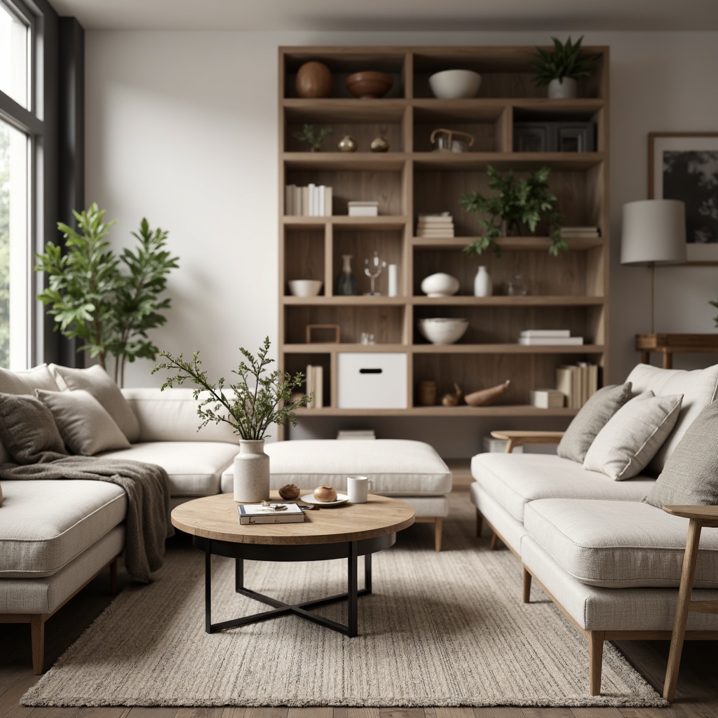 Prompt: Cozy living room, comfortable couch, wooden coffee table, soft cushions, elegant lamp shades, subtle color palette, functional shelving units, organized storage spaces, sleek metal legs, minimalist decor, calm atmosphere, natural light pouring in, shallow depth of field, 1/1 composition, realistic textures, ambient occlusion.