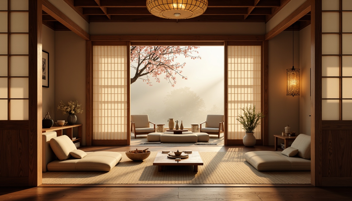 Prompt: \Traditional Japanese tea house, serene ambiance, warm soft lighting, paper lanterns, natural wood accents, sliding screens, minimal ornamentation, subtle shadows, indirect illumination, warm beige tones, soft glowing candles, delicate cherry blossom branches, misty morning light, 1/2 composition, shallow depth of field, warm color palette, realistic textures, ambient occlusion.\Let me know if this meets your requirements!