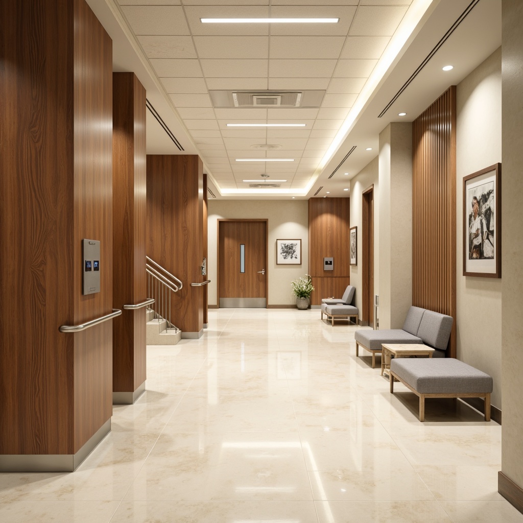 Prompt: Academic hospital interior, rich wood accents, warm beige walls, cream-colored ceilings, polished marble floors, sleek metal handrails, modern LED lighting, minimalist furniture, subtle texture contrasts, soft natural light, 1/1 composition, shallow depth of field, realistic reflections, ambient occlusion, calming color palette, comfortable seating areas, inspirational artwork displays, educational graphic prints, hospital signage systems, clean lines, simple shapes, functional layouts.