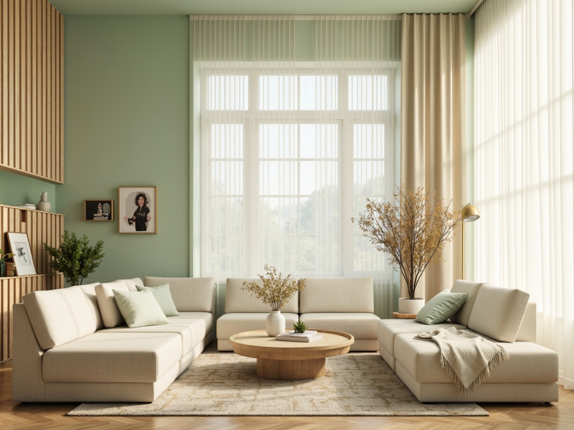 Prompt: Soft celadon hues, pastel color accents, warm beige tones, creamy whites, gentle wood textures, minimal ornamentation, serene atmosphere, natural light pouring in, sheer curtains, elegant furniture silhouettes, subtle patterned rugs, soft focus, shallow depth of field, 1/1 composition, warm golden lighting, inviting ambiance.