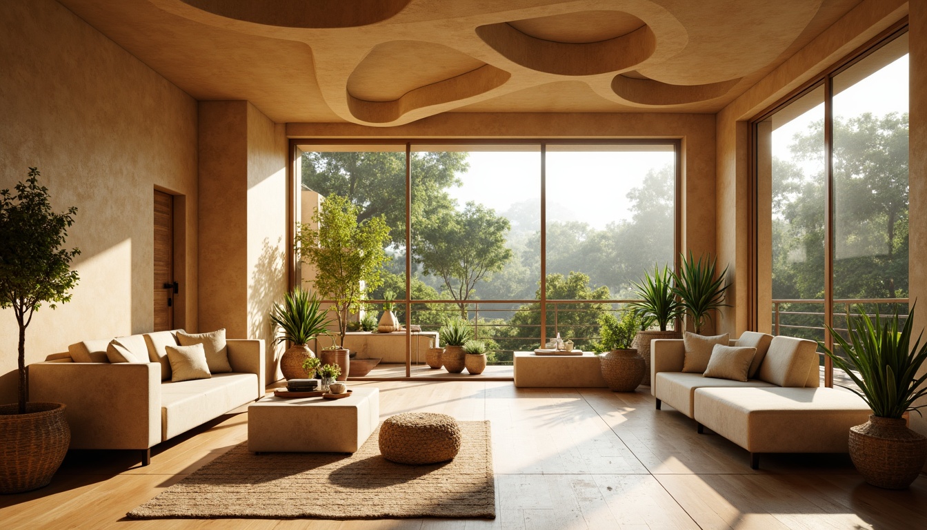 Prompt: Warm beige walls, organic shapes, large windows, sliding glass doors, natural wood accents, geometric patterns, earthy tones, minimalist decor, comfortable furniture, lush greenery, tropical plants, warm sunny day, soft diffused lighting, shallow depth of field, 2/3 composition, cinematic view, realistic textures, ambient occlusion.