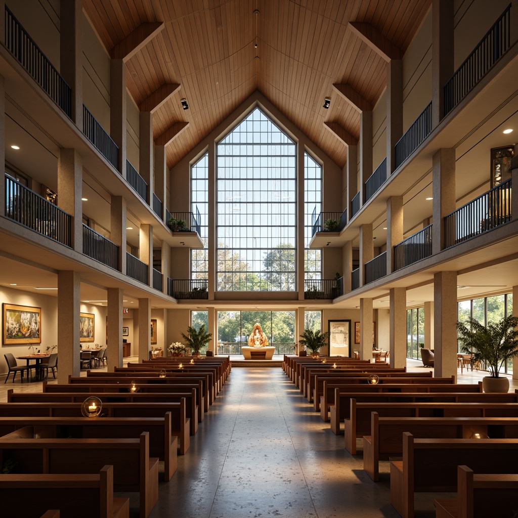 Prompt: Modern church interior, minimalist pews, stained glass windows, vaulted ceilings, natural stone walls, abstract spiritual sculptures, subtle LED lighting, sleek wooden floors, circular altars, cantilevered balconies, open floor plans, communal seating areas, prayer niches, candlelit ambiance, soft warm glow, shallow depth of field, 3/4 composition, symmetrical architecture, ornate metalwork details, ambient occlusion.