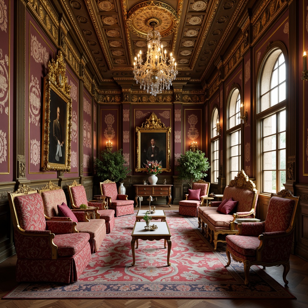 Prompt: Ornate furniture, gilded carvings, velvet upholstery, rich tapestries, crystal chandeliers, intricate patterns, lavish drapery, ornamental mirrors, sculpted wooden panels, regal thrones, antique vases, golden accents, majestic archways, grandiose columns, luxurious fabrics, dramatic lighting, warm color palette, highly decorative motifs, opulent textures.