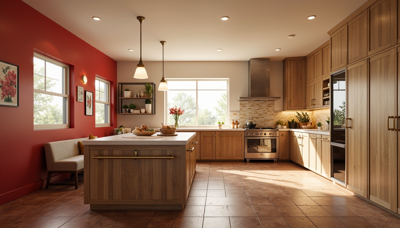 Prompt: Vibrant kitchen interior, warm beige cabinetry, rich brown countertops, stainless steel appliances, modern pendant lighting, soft cream-colored walls, earthy terracotta flooring, natural stone backsplash, bold red accent colors, warm golden hardware, cozy breakfast nook, abundant natural light, shallow depth of field, 1/2 composition, realistic textures, ambient occlusion.