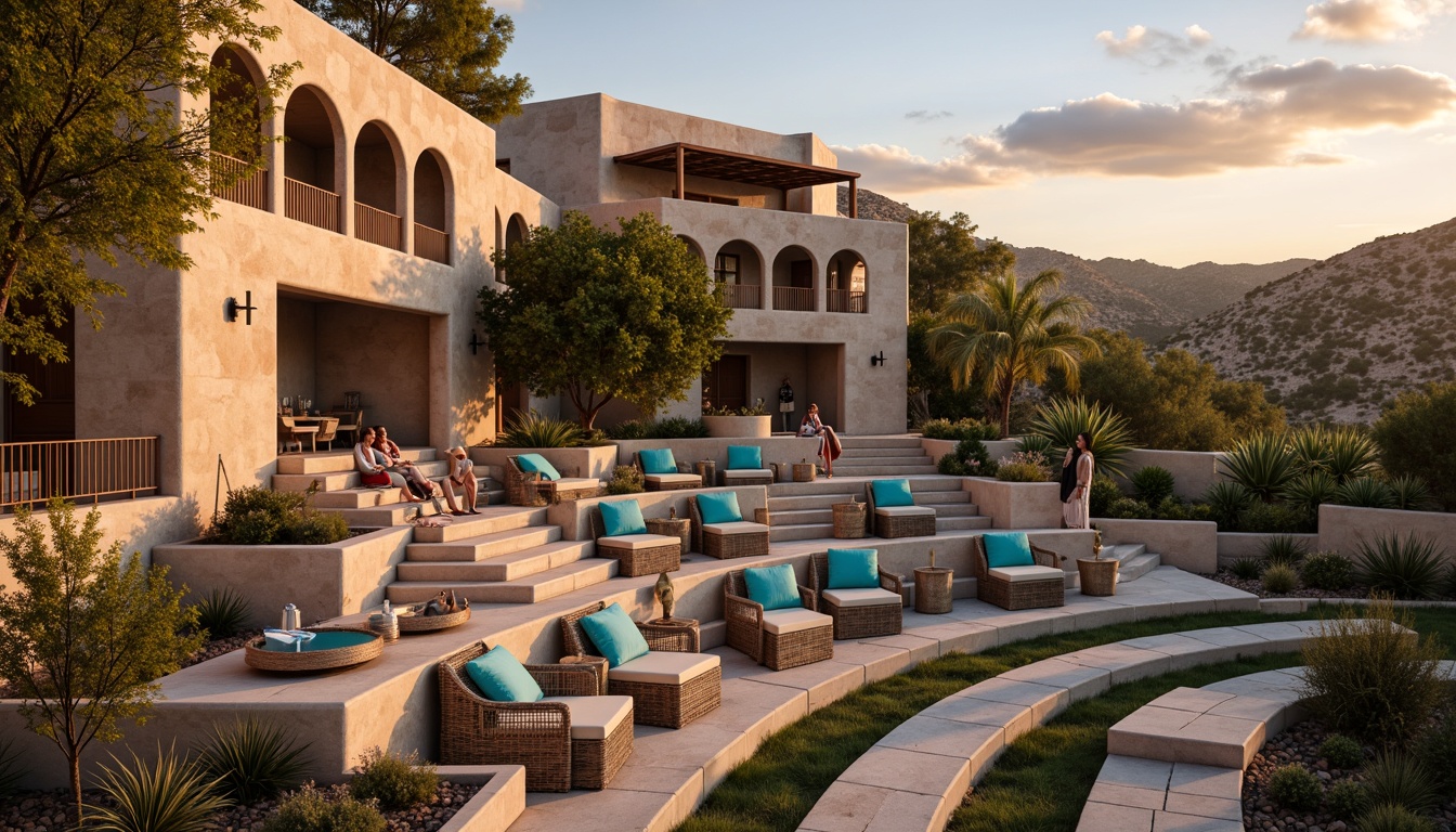 Prompt: Southwestern amphitheater, rustic stone walls, tiered seating arrangement, curved rows, vibrant turquoise accents, woven wicker furniture, plush cushions, desert flora, cacti plants, warm sandy tones, adobe-inspired architecture, arched entrances, ornate metalwork, lantern-style lighting, dramatic sunsets, golden hour glow, soft warm shadows, realistic textures, ambient occlusion.