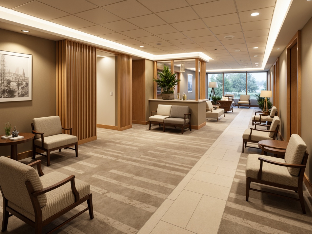 Prompt: Cozy healthcare facility, calming ambiance, warm beige colors, comfortable seating areas, acoustic panels, sound-absorbing materials, private patient rooms, soft diffused lighting, minimal background noise, peaceful atmosphere, natural wood accents, plush carpets, ergonomic furniture, soothing color schemes, noise-reducing glass partitions, subtle patterned fabrics, calming artwork, serene waiting areas, warm inviting corridors.