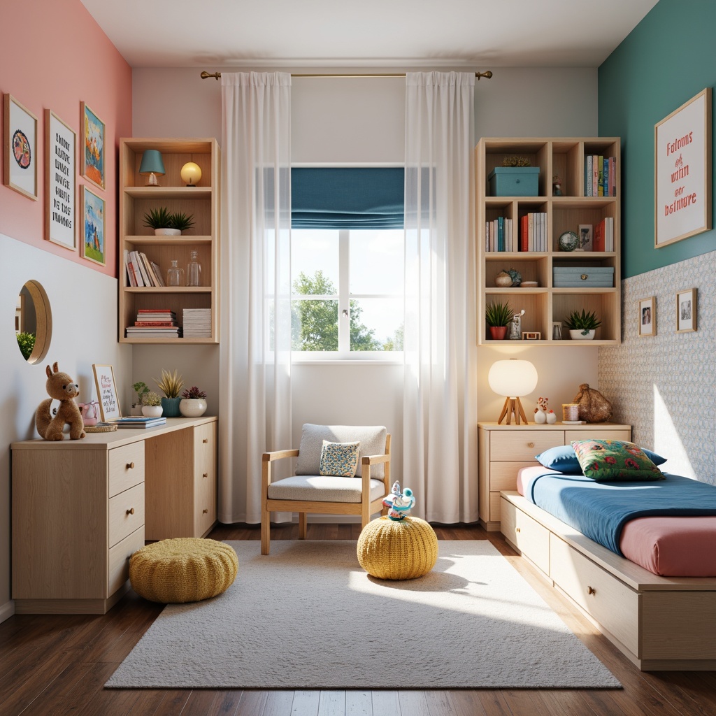 Prompt: Whimsical kids' bedroom, bright pastel colors, playful furniture shapes, cozy reading nook, built-in bookshelves, colorful storage bins, soft area rug, gentle warm lighting, minimal clutter, functional desk space, comfortable bean bag chair, framed childhood artwork, inspirational quotes, nature-inspired wallpaper, calming blue accents, circular window, sheer curtains, subtle texture patterns, shallow depth of field, 1/2 composition, realistic renderings, ambient occlusion.