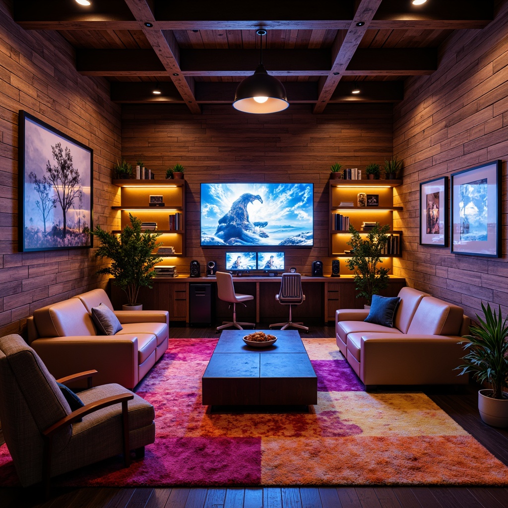 Prompt: Cozy game room, wooden paneling, textured walls, dimmable warm lighting, comfortable couches, vibrant colorful rugs, modern gaming desks, high-tech gadgets, futuristic decorative accents, neon-lit shelves, urban loft-inspired atmosphere, industrial-style metal beams, distressed wood finishes, soft fabric upholstery, immersive gaming experience, cinematic sound systems, 1/1 composition, dramatic spotlights, realistic shadows, ambient occlusion.